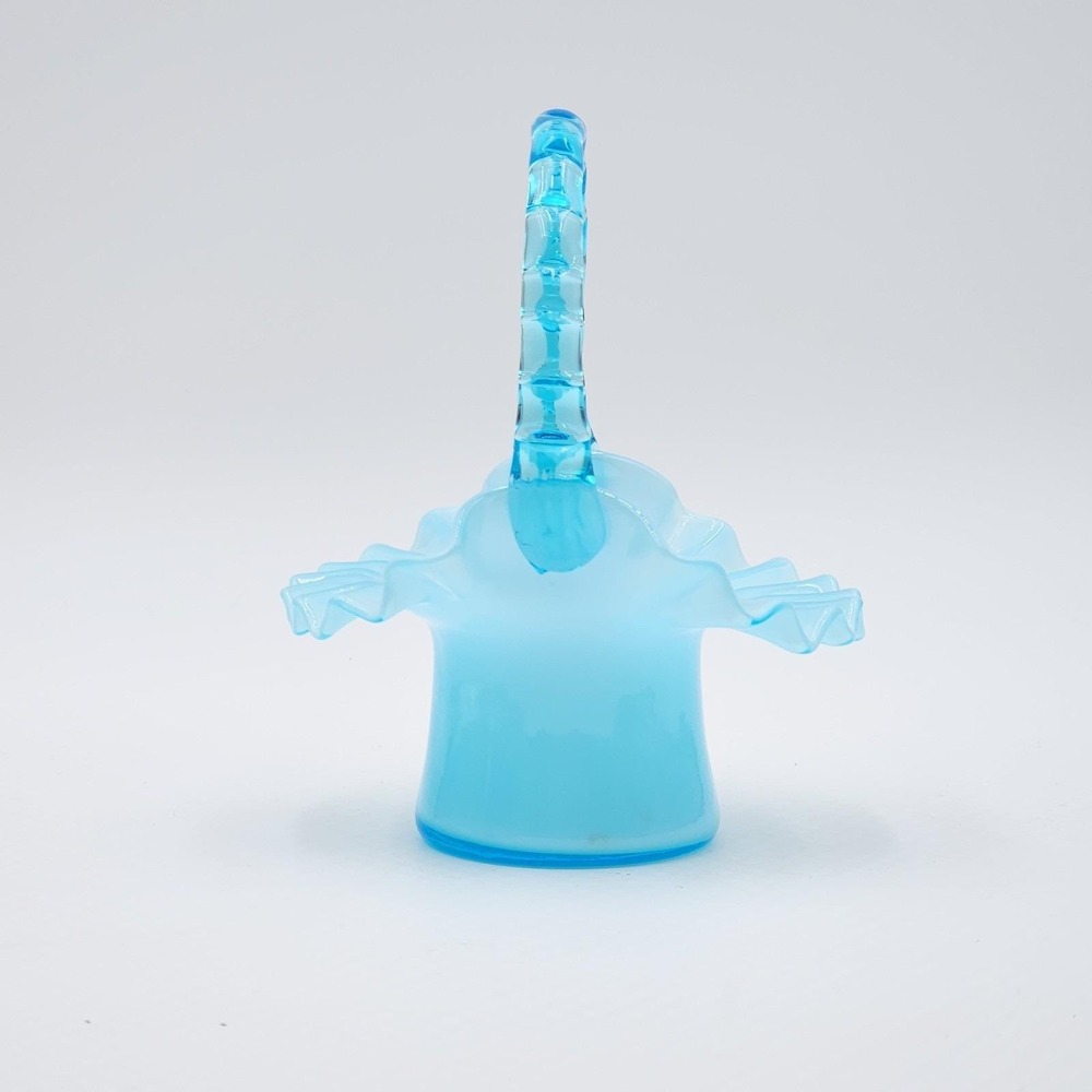 Fenton Turquoise Opalescent Top Hat Basket Blue Bamboo Handle 1950s - Picture 2 of 9